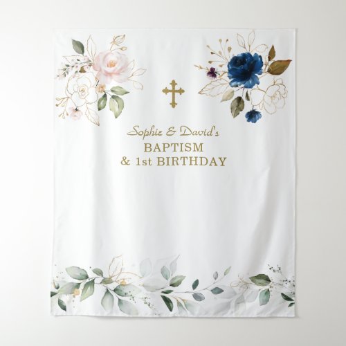Pink Blue Floral Twins 1st Birthday Baptism  Tapestry
