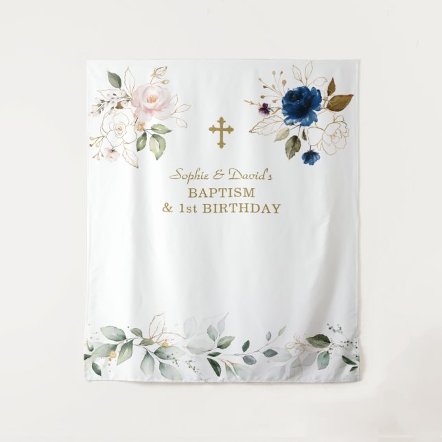Pink Blue Floral Twins 1st Birthday Baptism  Tapestry (Front)