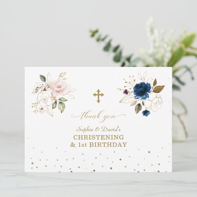 Pink Blue Floral Twins 1st Birthday Christening Thank You Card (Standing Front)