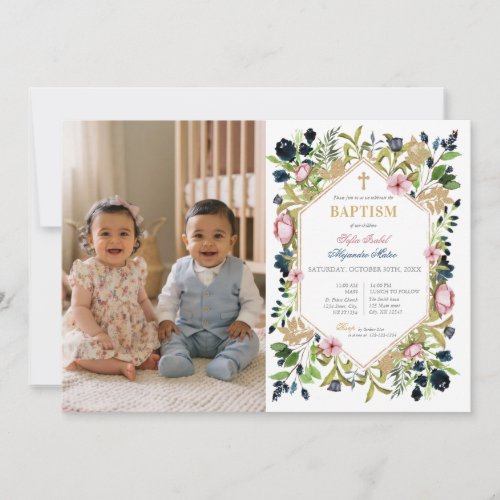 Pink &amp; Blue Floral Twins Baptism Photo Invitation