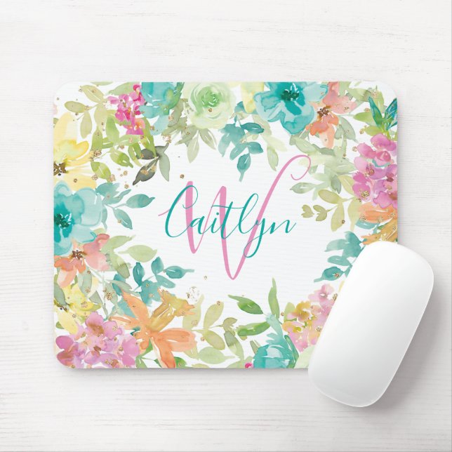 Pink Blue Floral Watercolor Glitter Monogram Mouse Pad (With Mouse)