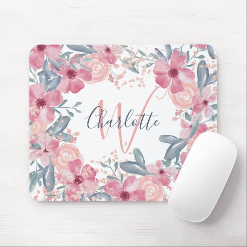 Pink blue floral watercolor glitter monomgram mouse pad