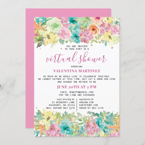 Pink Blue Floral Watercolor Glitter Virtual Shower Invitation