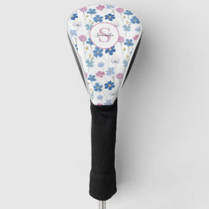 Pink Blue Floral Watercolor Monogram Name Golf Head Cover