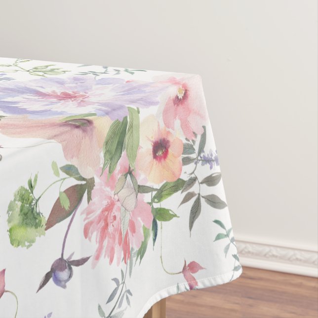 Pink Blue Floral Watercolor Tablecloth (In Situ)