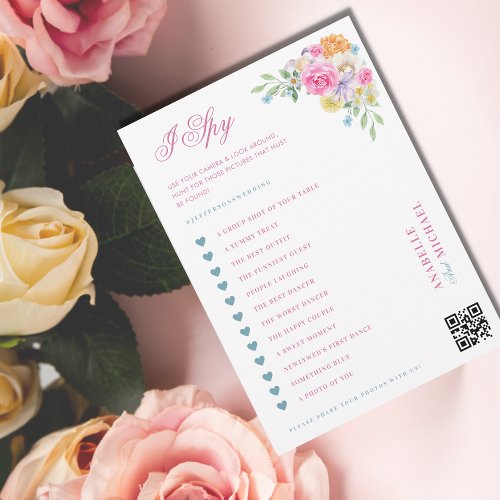 Pink  Blue Floral Wedding I Spy Hunt Game Card