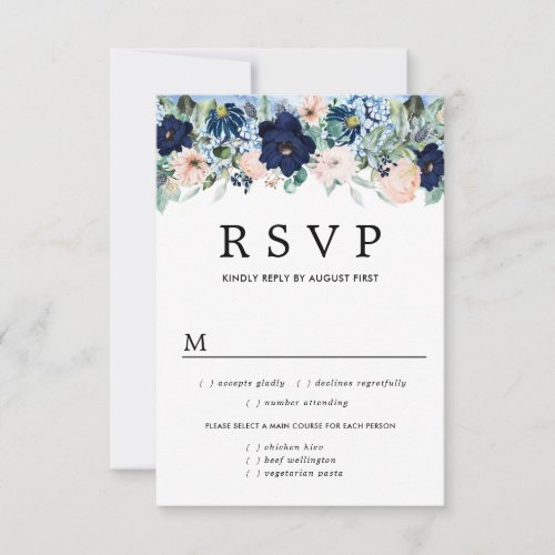 Pink Blue Floral Wedding RSVP Card Meal Options