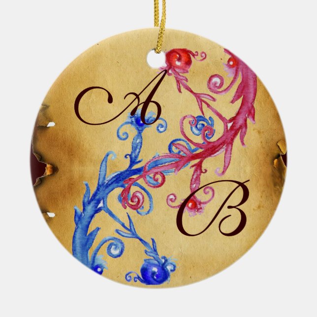 PINK BLUE FLORAL WEDDING SWIRL PARCHMENT MONOGRAM CERAMIC ORNAMENT (Front)