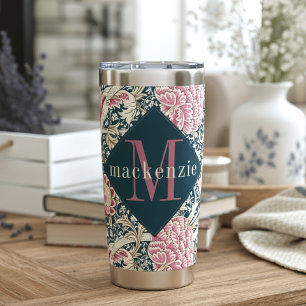 Pink Blue Floral William Morris Elegant Monogram Insulated Tumbler