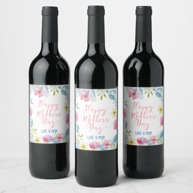 Pink Blue Florals Happy Mother's Day Wine Label (Bottles)