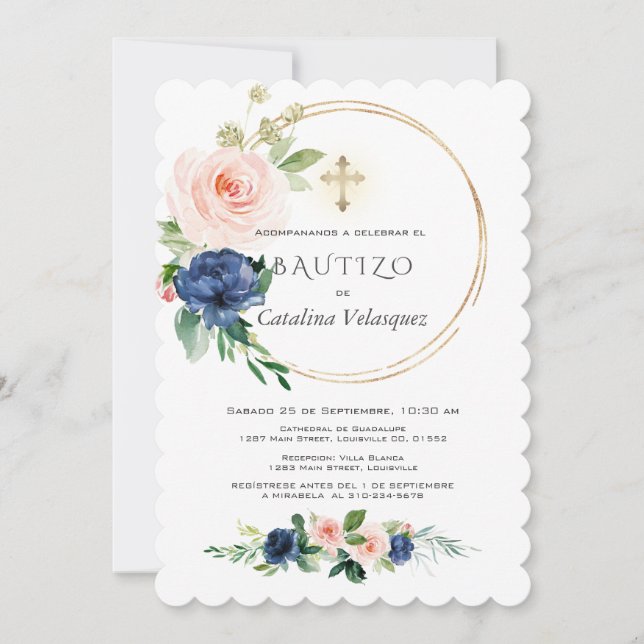 Pink Blue Flores Invitacion De Bautizo Spanish Invitation (Front)