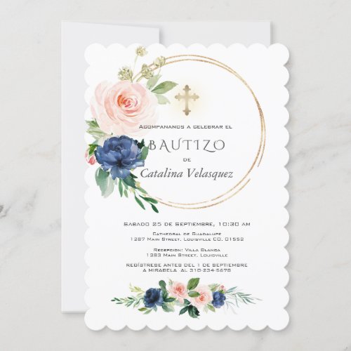 Pink Blue Flores Invitacion De Bautizo Spanish Invitation