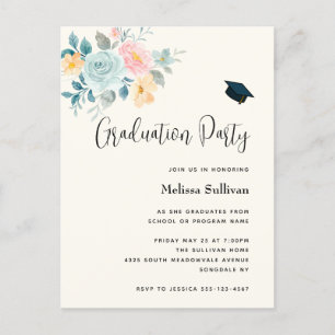 Pink & Blue Flower Bouquet Graduation Invitation Postcard