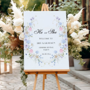 Pink Blue Flower He or She Gender Reveal Welcome Foam Board