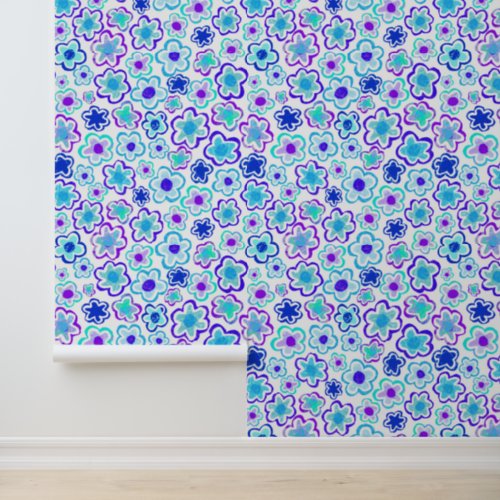 Pink Blue Flower Pattern Hand Drawing Floral Wallpaper