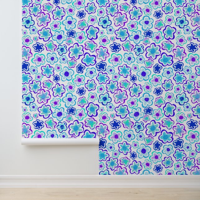 Pink Blue Flower Pattern Hand Drawing Floral Wallpaper (Application)