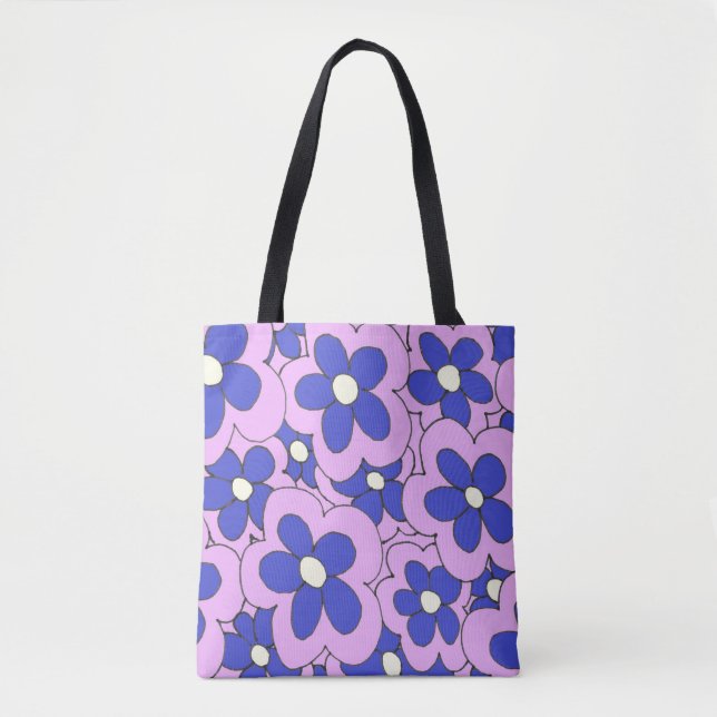Pink Blue Flower Print Tote Bag (Front)
