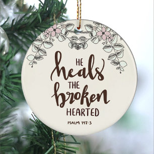 Pink Blue Flowers and Leaves He Heals The Broken Ceramic Ornament