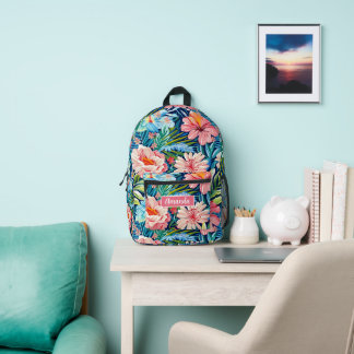 Pink Blue Flowers Back to School Botanical Pattern Printed Backpack