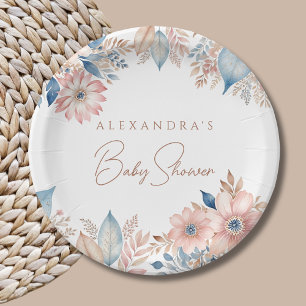 Pink Blue Flowers Boho Chic Baby Shower Paper Plates