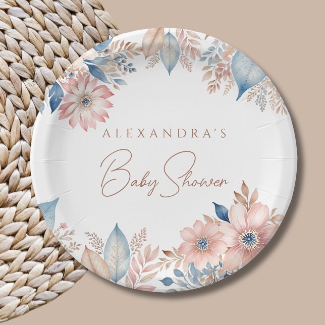 Pink Blue Flowers Boho Chic Baby Shower Paper Plates (Creator Uploaded)