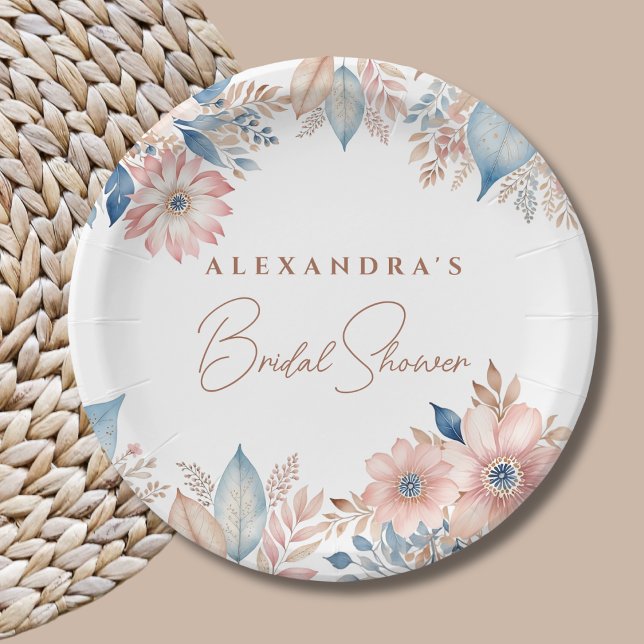 Pink Blue Flowers Boho Chic Bridal Shower Paper Plates (Creator Uploaded)