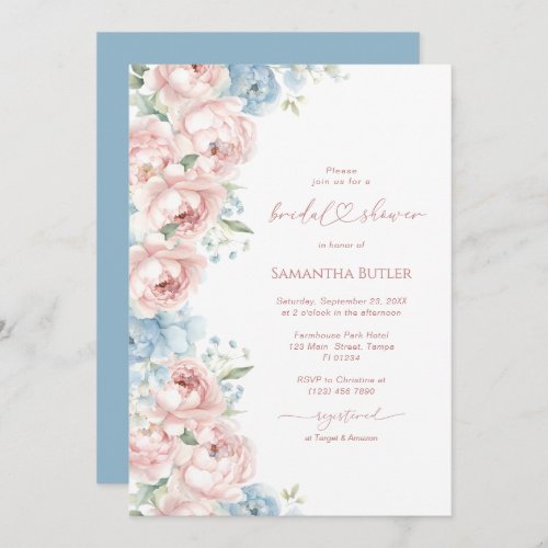 Pink  Blue Flowers Bridal Shower Invitation