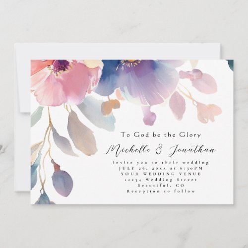 Pink Blue Flowers Christian Bible Verse Wedding Invitation