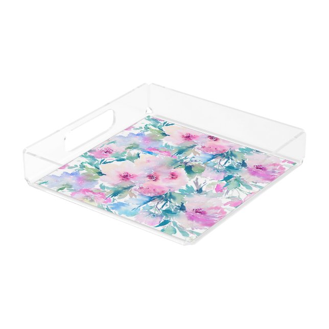 Pink & blue flowers collage pattern acrylic tray (Angled)