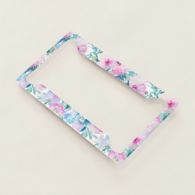 Pink & blue flowers collage pattern license plate frame (3/4)