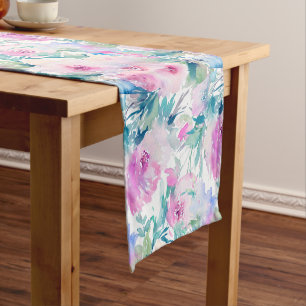 Pink & blue flowers collage pattern short table runner