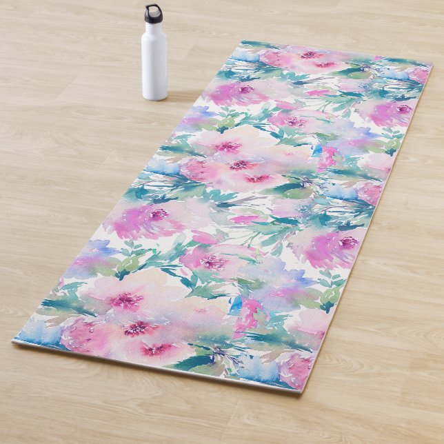 Pink & blue flowers collage pattern yoga mat (In Situ)
