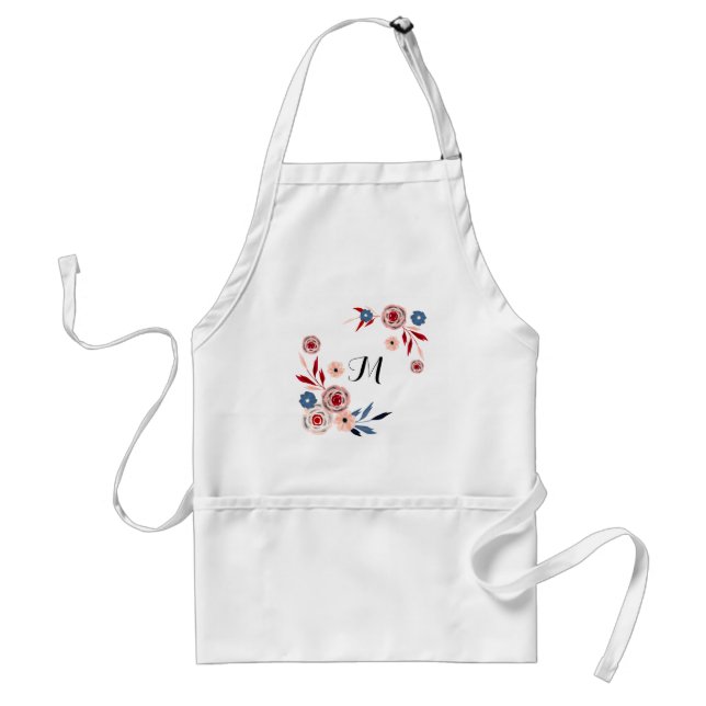 Pink, blue flowers, floral pattern, personalized, adult apron (Front)