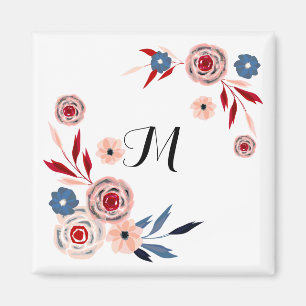 Pink, blue flowers, floral pattern, personalized magnet