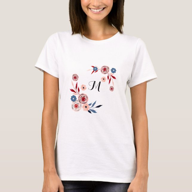 Pink, blue flowers, floral pattern, personalized T-Shirt (Front)