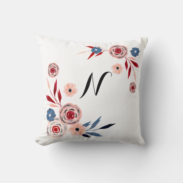 Pink, blue flowers, floral pattern, personalized throw pillow (Front)