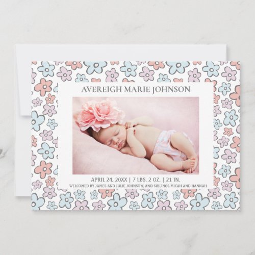 Pink Blue Flowers Girl Photo Birth Announcement