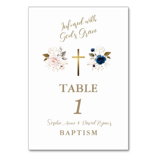 Pink Blue Flowers Gold Cross Twins Baptism  Table Number
