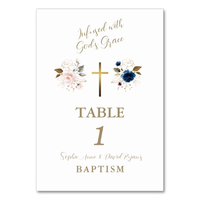 Pink Blue Flowers Gold Cross Twins Baptism  Table Number (Front)