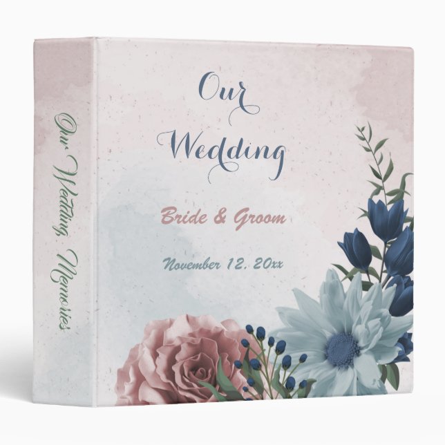 Pink blue flowers greenery wedding photo album 3 ring binder (Front/Spine)