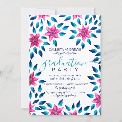 Pink Blue Flowers Leaf Acrylic Paint Graduation Invitation