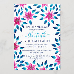 Pink Blue Flowers Leaves Acrylic Paint Birthday Invitation