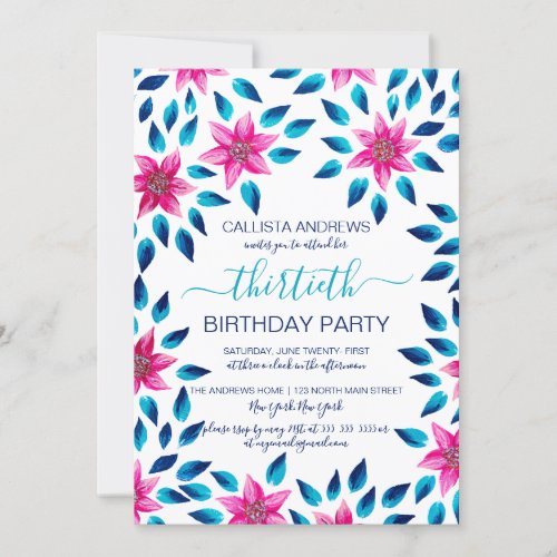 Pink Blue Flowers Leaves Acrylic Paint Birthday Invitation