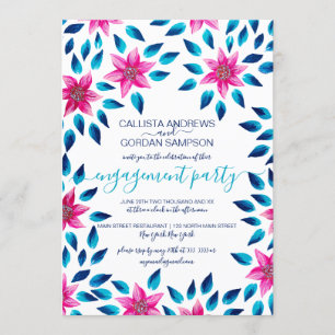 Pink Blue Flowers Leaves Acrylic Paint Engagement Invitation