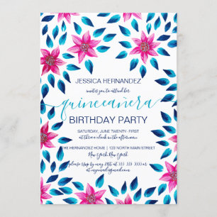 Pink Blue Flowers Leaves Acrylic Paint Quinceañera Invitation