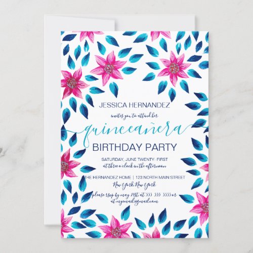 Pink Blue Flowers Leaves Acrylic Paint Quinceaera Invitation