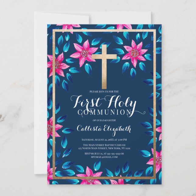 Pink Blue Flowers Leaves Gold Cross Communion Invi Invitation (Front)