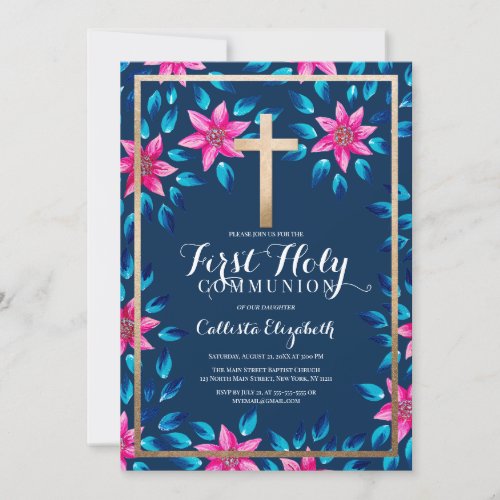 Pink Blue Flowers Leaves Gold Cross Communion Invi Invitation