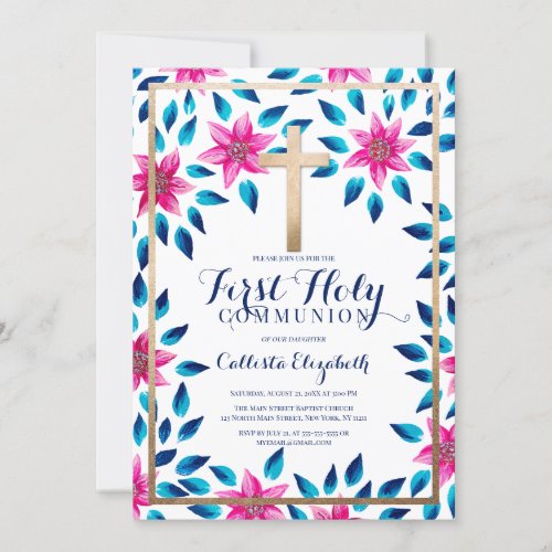 Pink Blue Flowers Leaves Gold Cross Communion Invitation