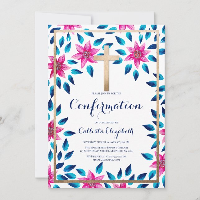 Pink Blue Flowers Leaves Gold Cross Confirmation Invitation (Front)